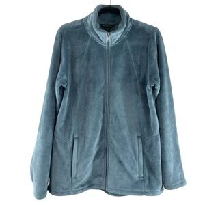 Athleta Recover Stretch Fleece Full Zip Jacket Sage/Gray Pockets Mock Neck Sz LT